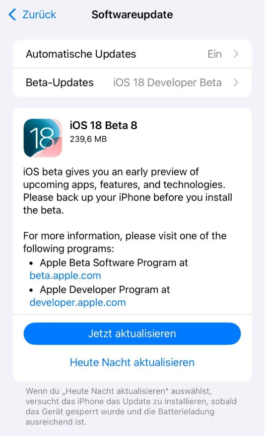 肇源苹果手机维修分享苹果 iOS / iPadOS 18 开发者预览版 Beta 8 发布 